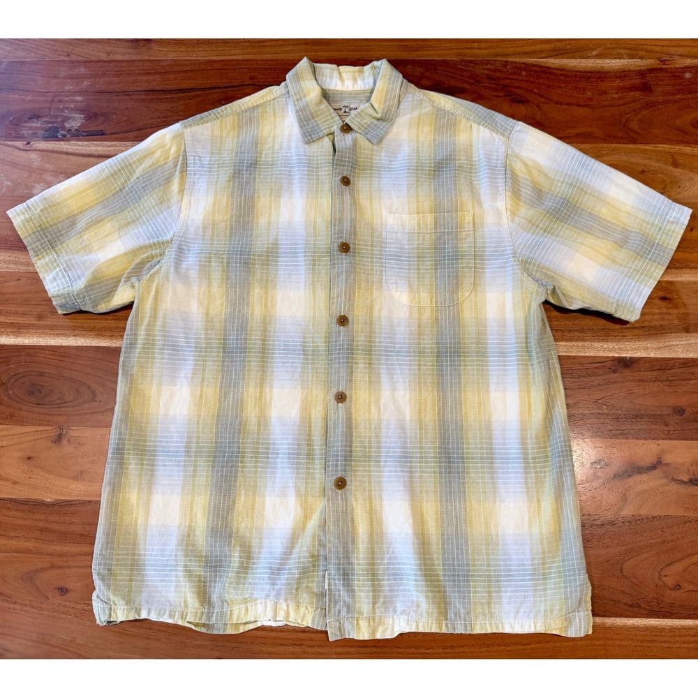 Tommy Bahama Mens Medium Original Fit Plaid Tencel Cotton Short Sleeve Shirt